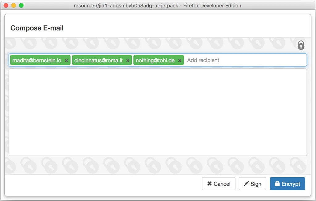 Mailvelope Editor screenshot with highlighted recipients