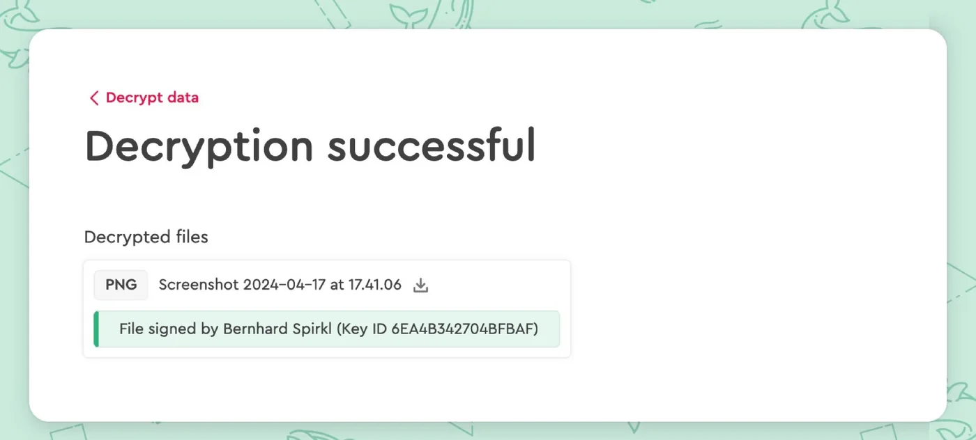 File decryption UI shows result of signature verification