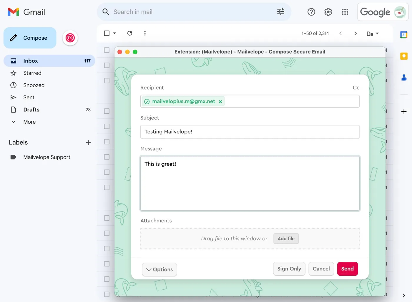 Mailvelope editor floating above Gmail UI