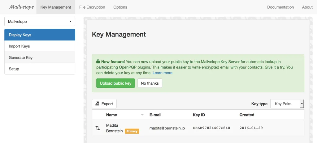 Mailvelope screenshot with key upload option