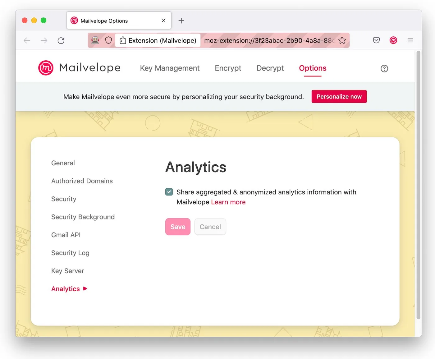 Screen graphic showing where to adjust Mailvelope Analytics settings