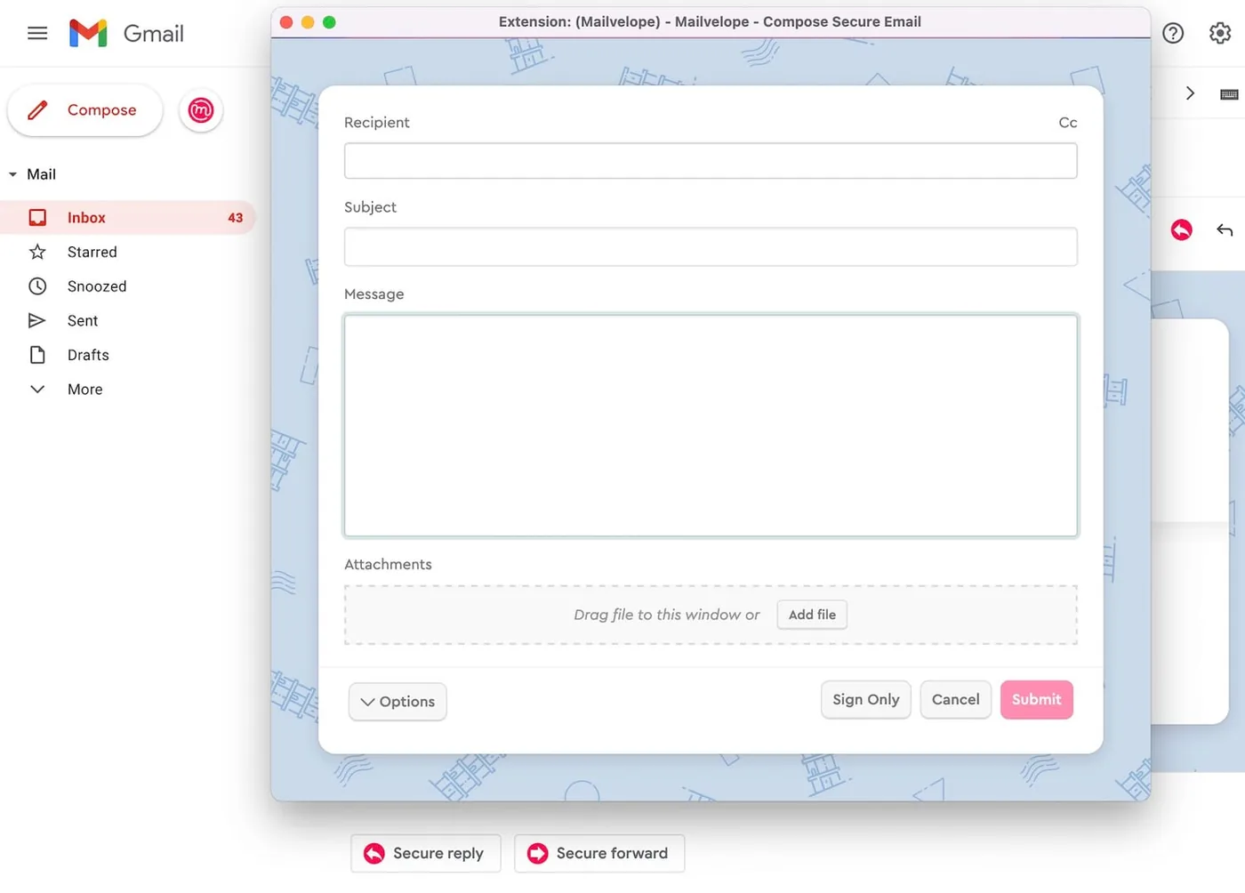 Mailvelope editor and controls overlay the Gmail interface