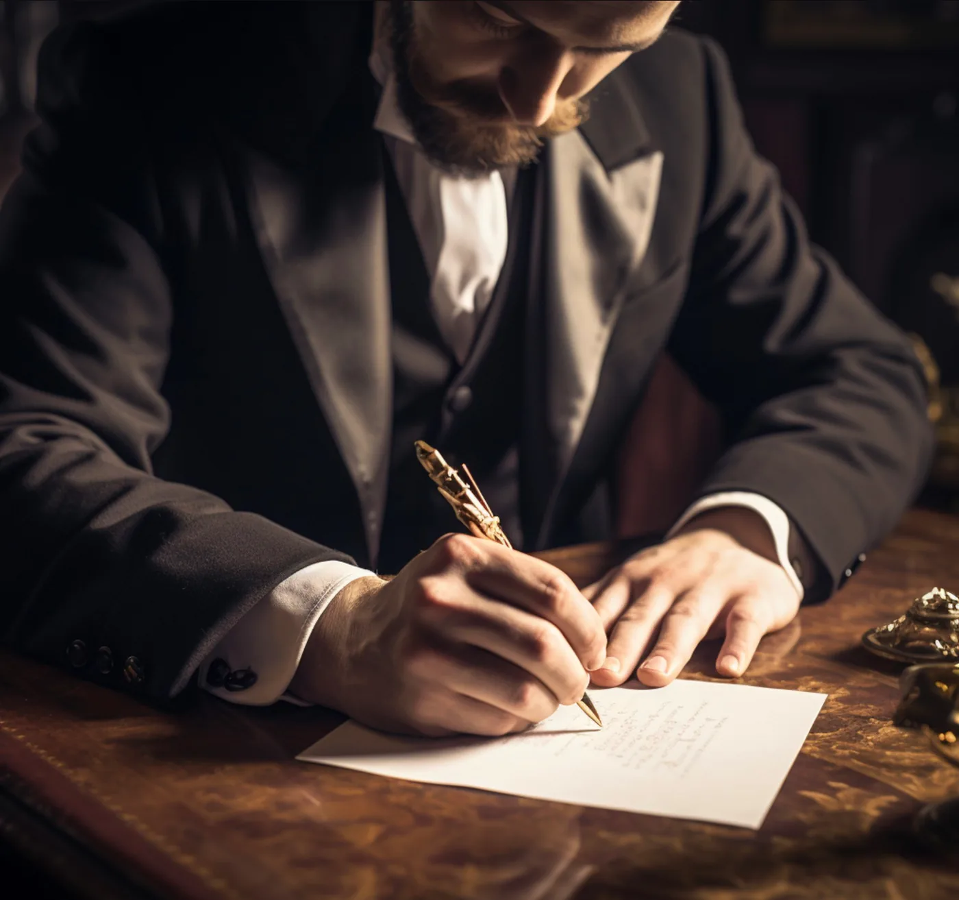 Man in suitcase sitting at desk and signing a letter
