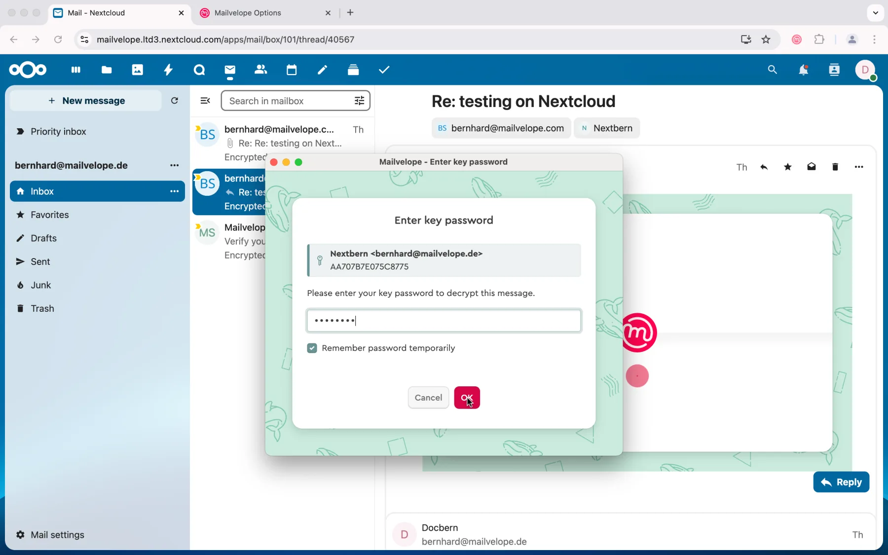 Decrypting a message in Nextcloud Mail
