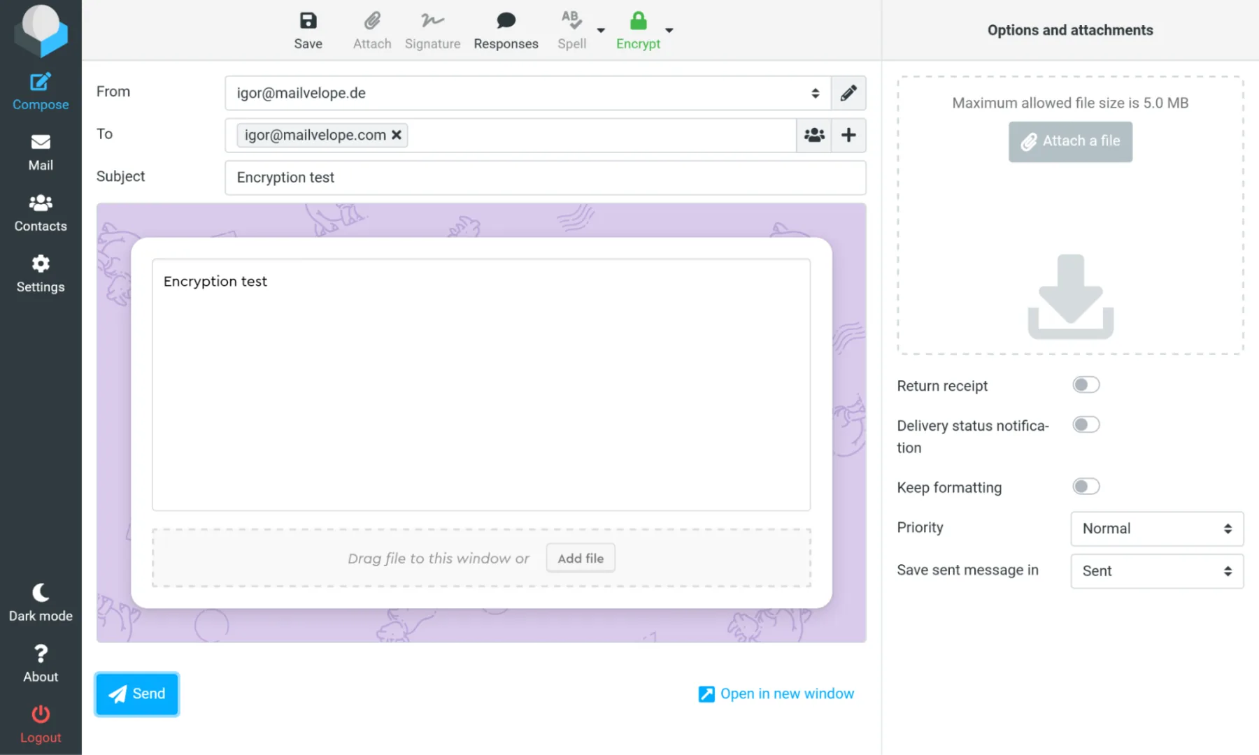 Roundcube editor with Mailvelope activated